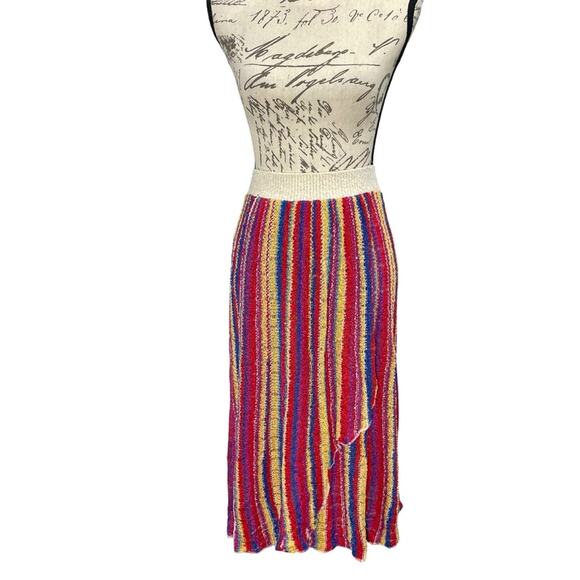 Vintage 80’s French Rags Hand Loomed Rayon Rainbow Striped Faux Wrap Midi Skirt - Picture 4 of 12
